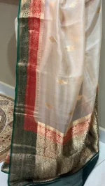 IVORY TISSUE SAREE WITH RED AND GREEN ZARI BORDER - Image 2