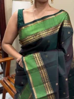 DARK GREEN KANCHEEPURAM SILK SAREE WITH CONTEMPORARY GAP BORDE - Image 3