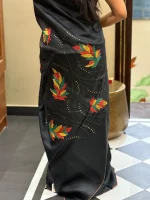 FLORAL BADLA BLACK PURE TUSSSAR SAREE - Image 3