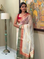 IVORY TISSUE SAREE WITH RED AND GREEN ZARI BORDER
