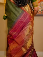 Green Kanchipuram Silk with Maroon Pallu & Kanni Border - Image 4