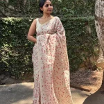 Ivory Pure Organza Saree with Red & White Chikankari Work