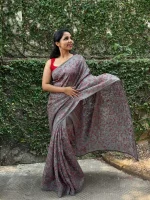 GREY ORGANZA Saree with Red & Grey Embroidery