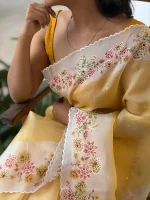 Mustard Yellow Pure Organza Floral Saree - Image 7