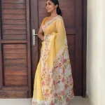 Mustard Yellow Pure Organza Floral Saree