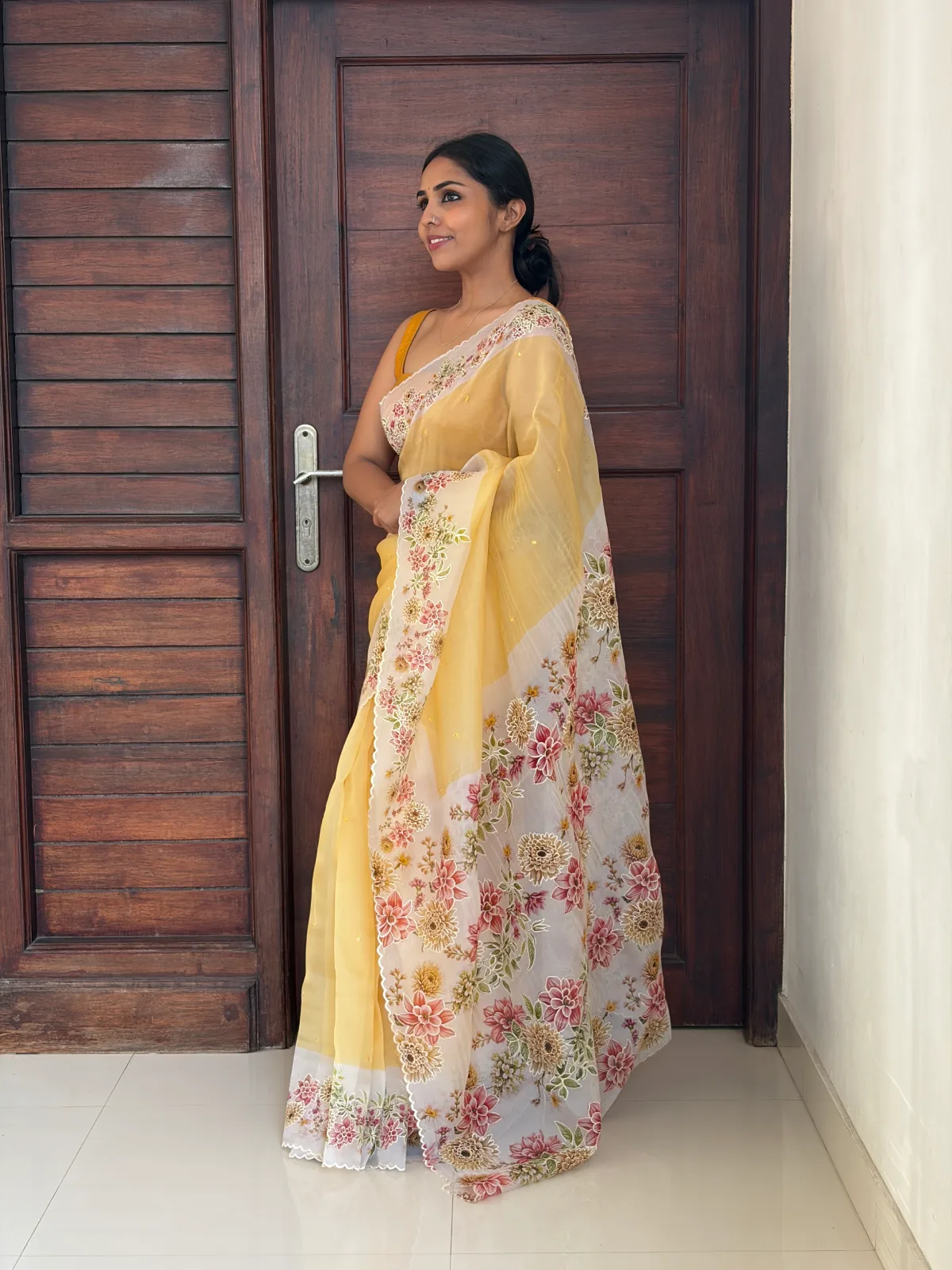 New Project - 2026-09-26T121541.954 Mustard Yellow Pure Organza Floral Saree - Image 1