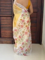 Mustard Yellow Pure Organza Floral Saree - Image 2