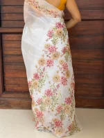 Ivory Pure Organza Saree with Floral Print - Image 5
