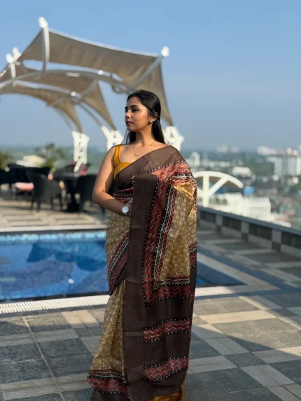 Yellow Tussar Silk Saree with Geometric Border