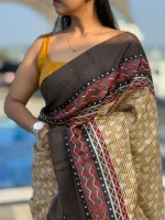 Yellow Tussar Silk Saree with Geometric Border - Image 3