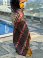 Yellow Tussar Silk Saree with Geometric Border - Image 5